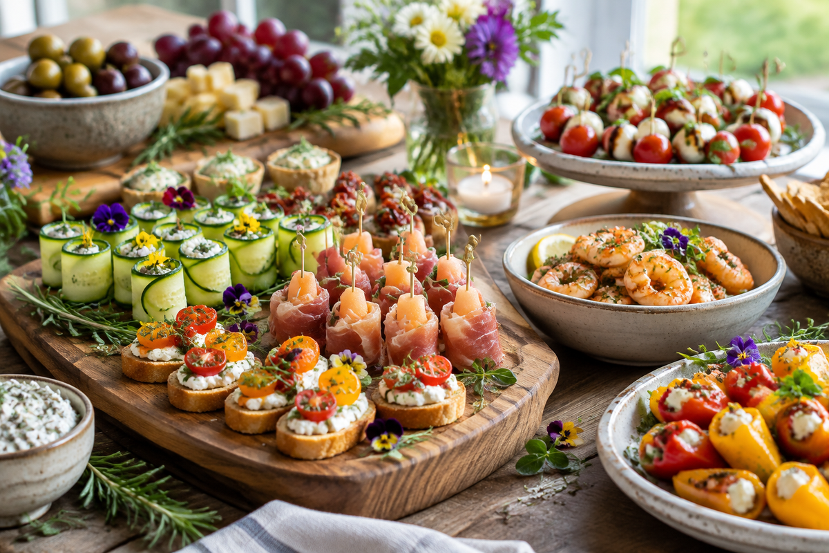 Elegant party food table ideas with assorted appetizers and garnishes on rustic boards