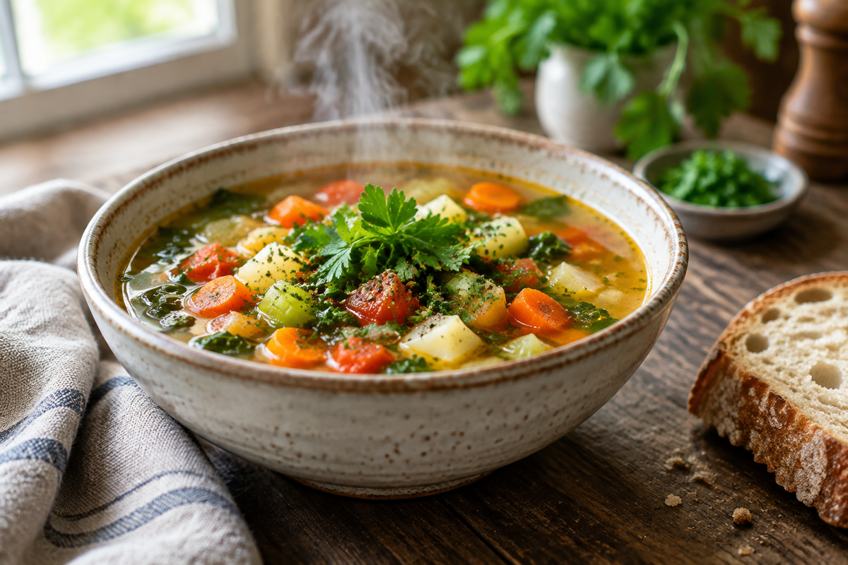 A bowl of healthy soup recipes with fresh vegetables and herbs garnish in natural light