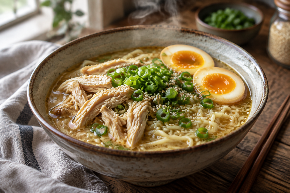 20 minute chicken ramen with shredded chicken, soft-boiled egg, and green onions in a bowl