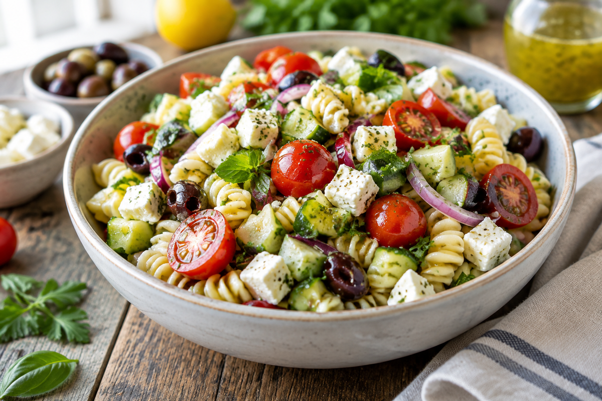 Mediterranean pasta salad with lemon herb vinaigrette in a bowl, fresh vegetables and feta visible