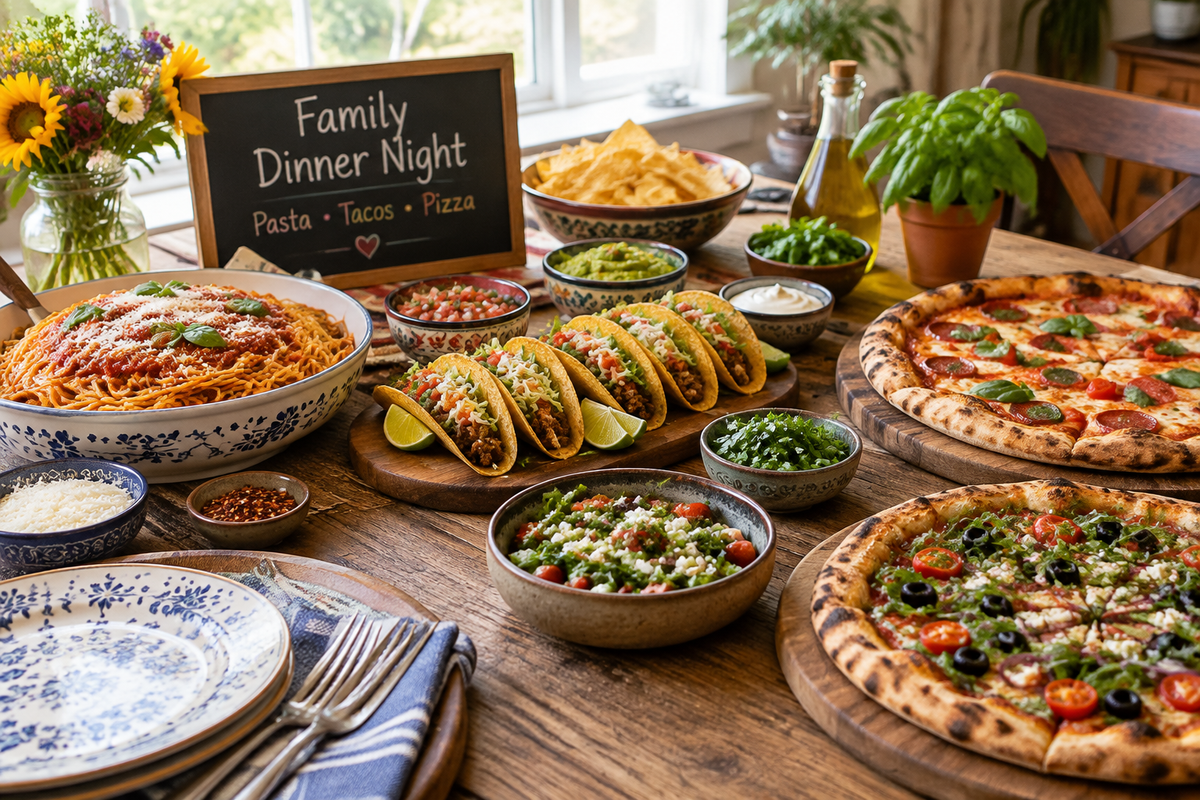 A beautifully styled themed dinner night table with a variety of family-friendly dishes and garnishes