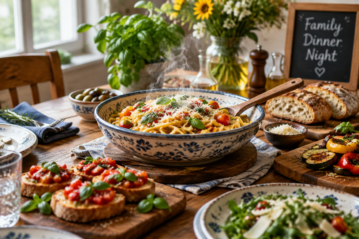 Themed dinner nights family meal with vibrant dishes and fresh garnishes in natural light