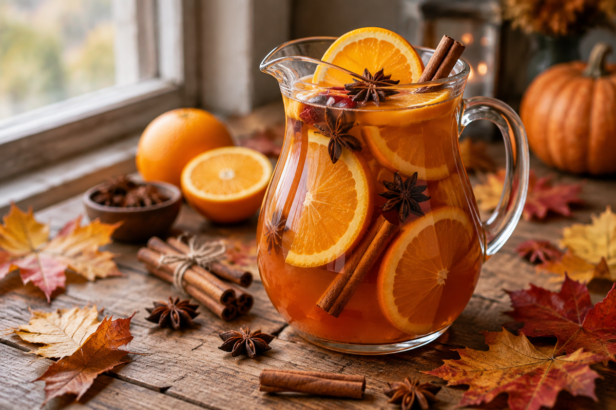 Pitcher of fall pitcher cocktails garnished with orange slices and star anise on rustic table
