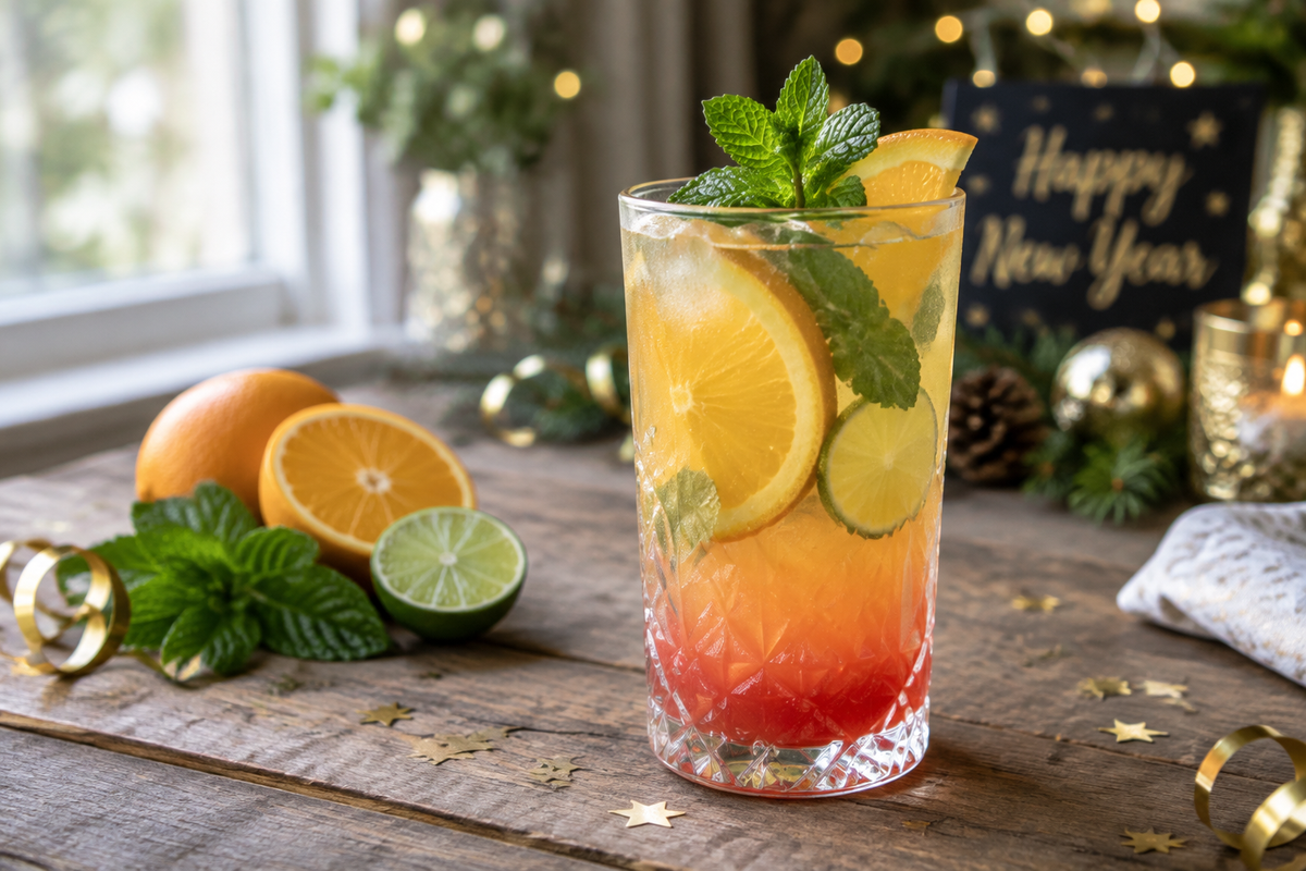 A festive glass of New Years mocktail garnished with citrus slices and mint, showcasing the best new years mocktails