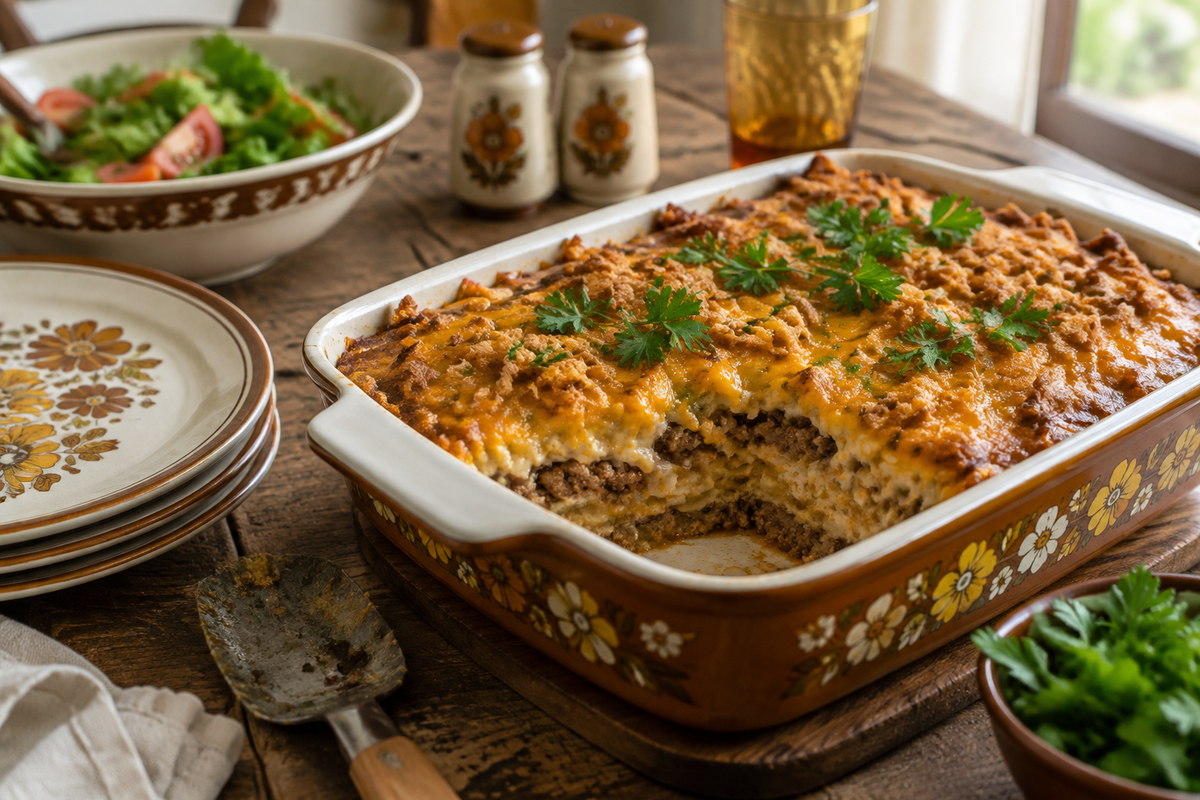 Hearty 70s dinner table casserole with layered nostalgic meals and fresh parsley garnish