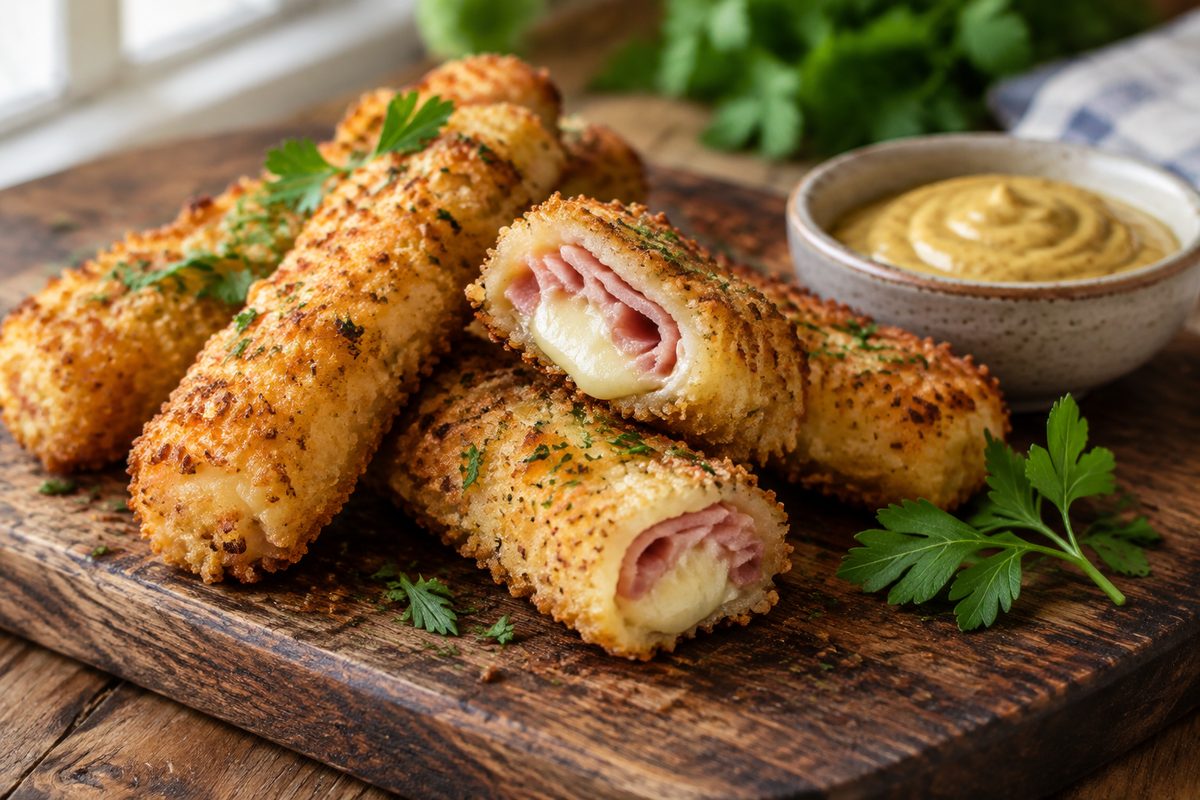 Crispy golden ham cheese sticks garnished with parsley and mustard dip, perfect party snack