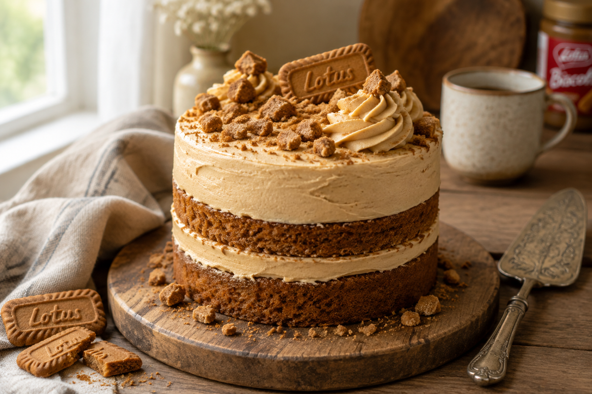 6-inch two-layer biscoff cake with creamy biscoff butter and cookie pieces filling
