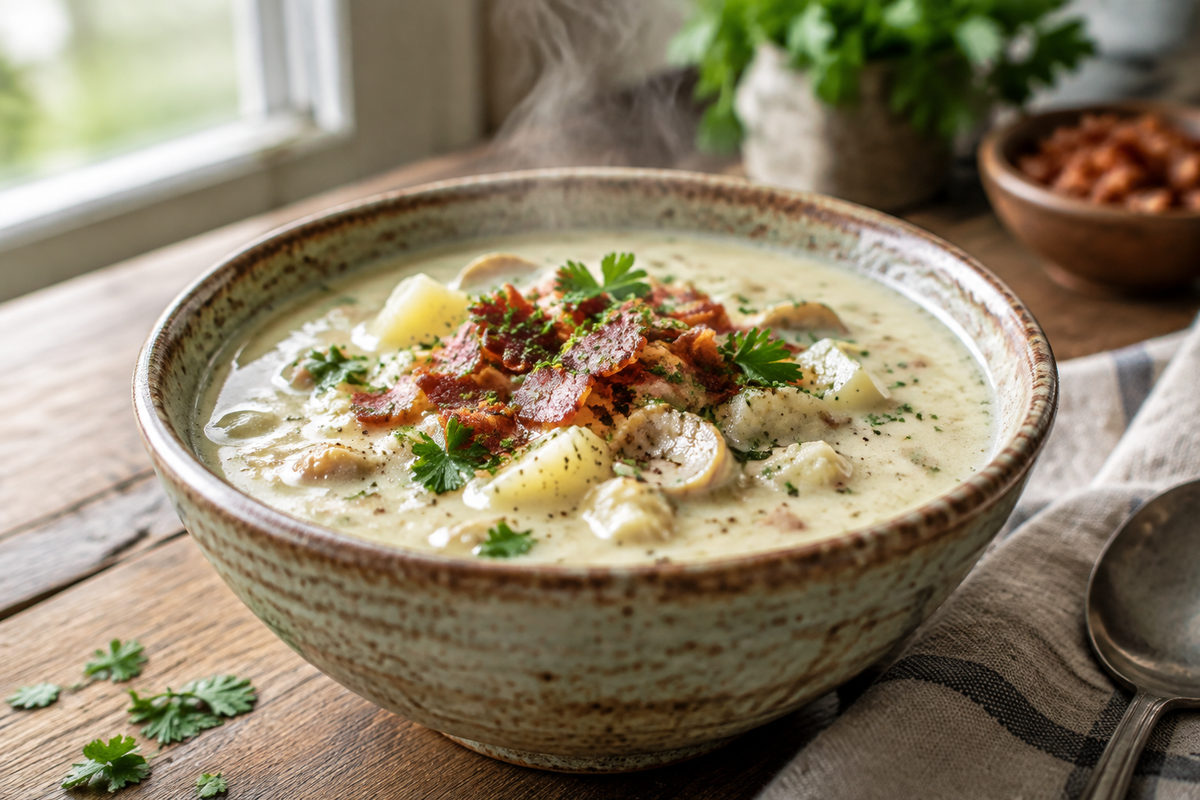 Hearty bowl of best chowder recipes garnished with fresh herbs and bacon in natural light