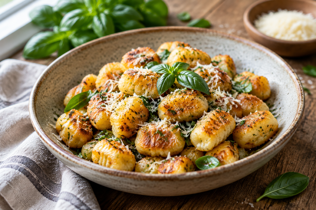 Golden crispy air fryer gnocchi garnished with herbs and parmesan cheese