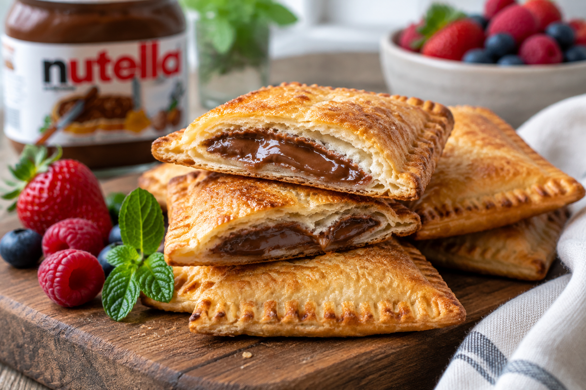 Golden-brown nutella toast pies made in air fryer stacked on rustic board with melted chocolate, showcasing nutella toast pies