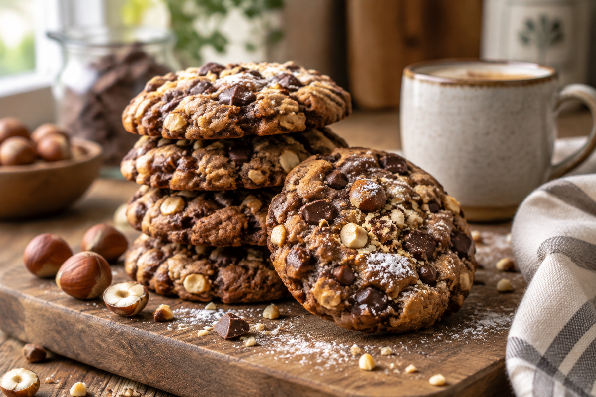 Chocolate hazelnut cookies with crunchy bits stacked on wooden board, showcasing the chocolate hazelnut cookies texture