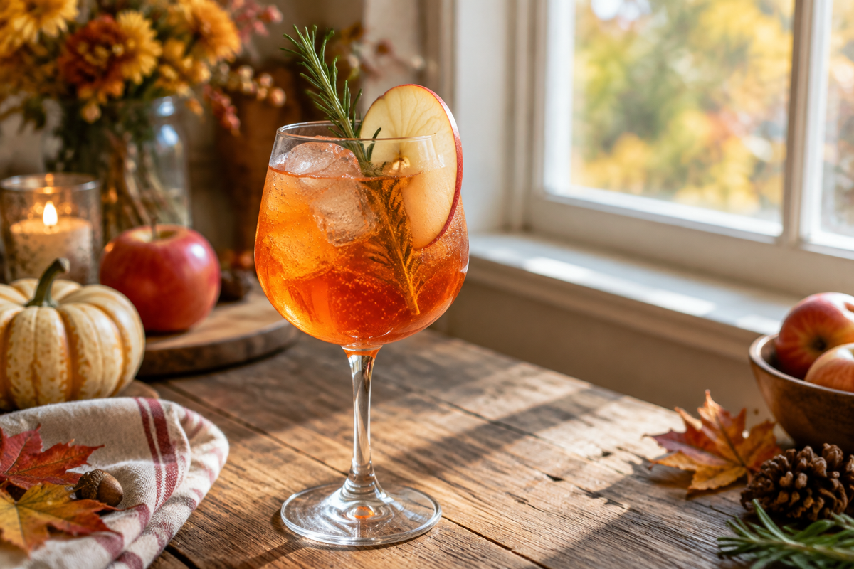Apple cider Aperol spritz cocktail garnished with apple slice and rosemary on wooden table