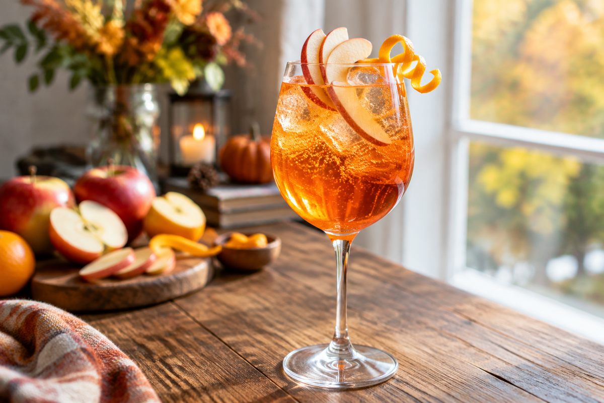 Apple cider Aperol spritz cocktail garnished with apple slices and orange twist on wooden table