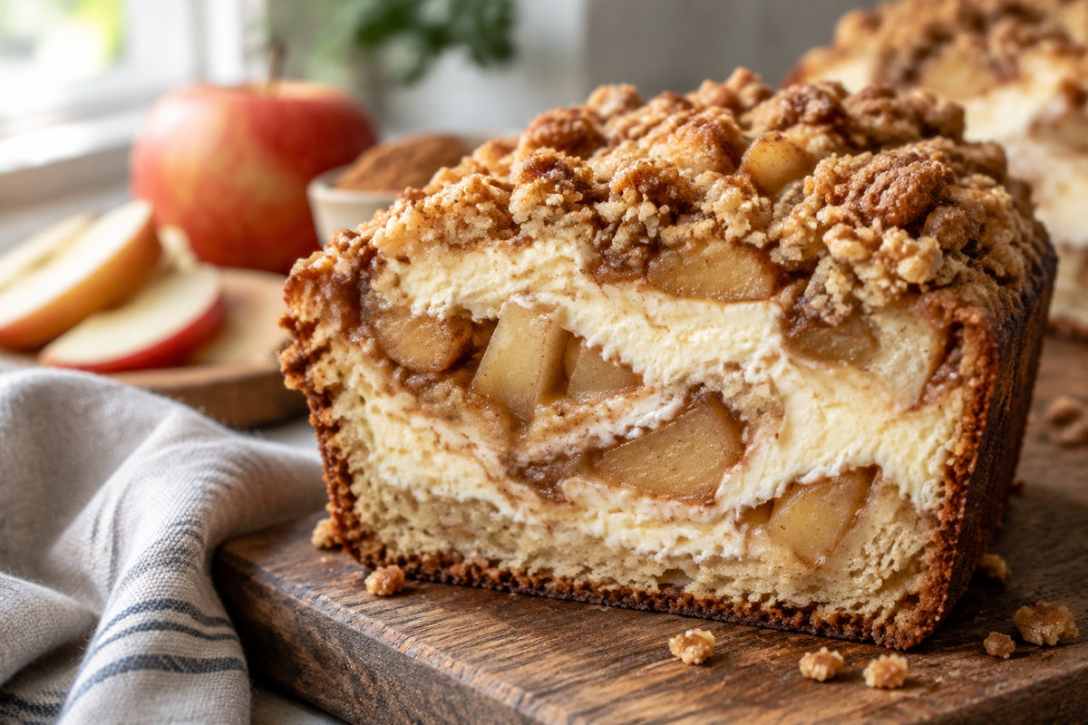 Slice of apple crisp cheesecake bread with creamy cheesecake and crisp topping on wooden board