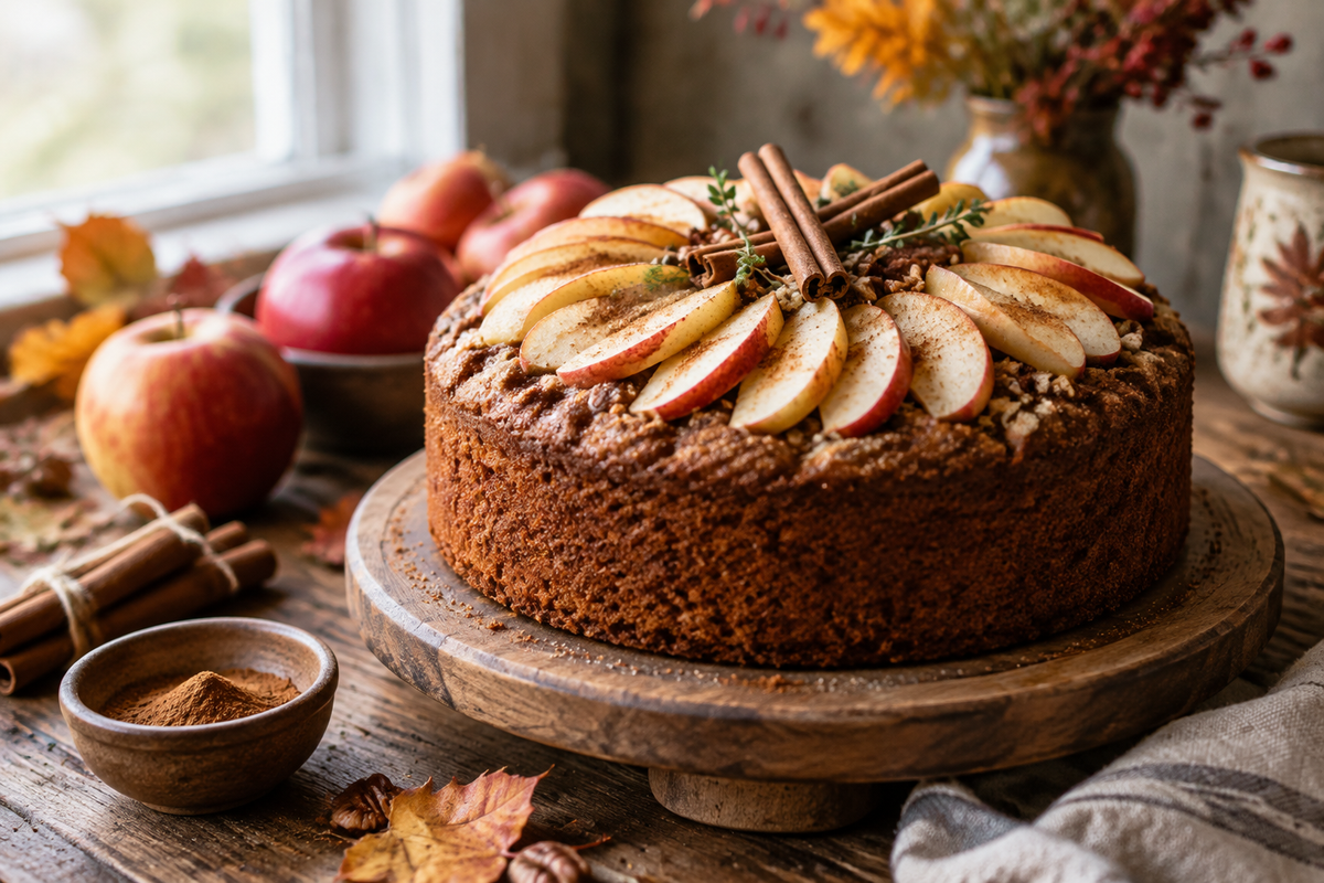 Apple spice cake decorated with fresh apple slices and cinnamon sticks, showcasing apple of our eye baby shower theme