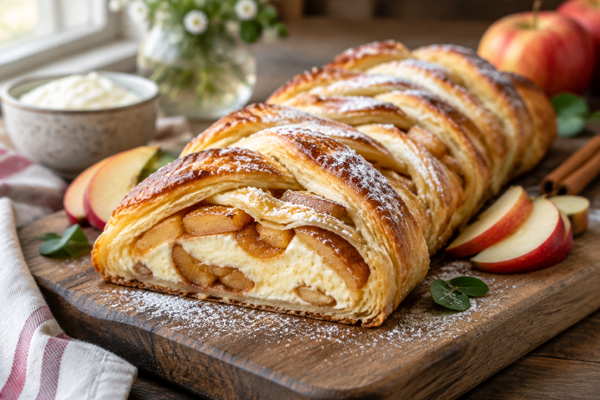 Apple pie cheesecake puff pastry braid with golden crust and creamy filling on wooden board