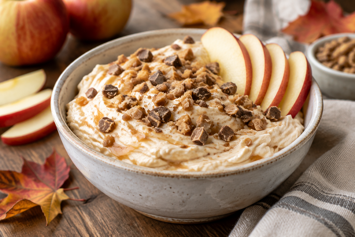 Creamy apple toffee dip garnished with chopped toffee bits and apple slices