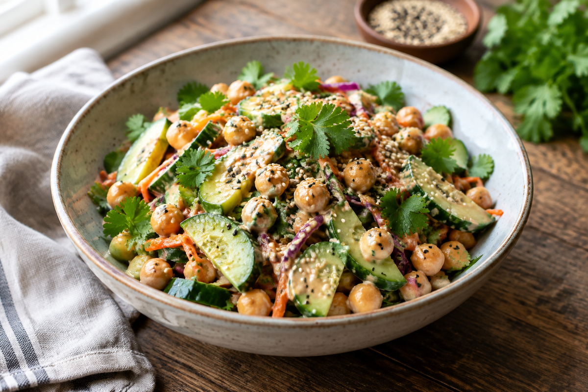 Bowl of Asian cucumber slaw with chickpeas and sesame dressing garnished with sesame seeds and cilantro