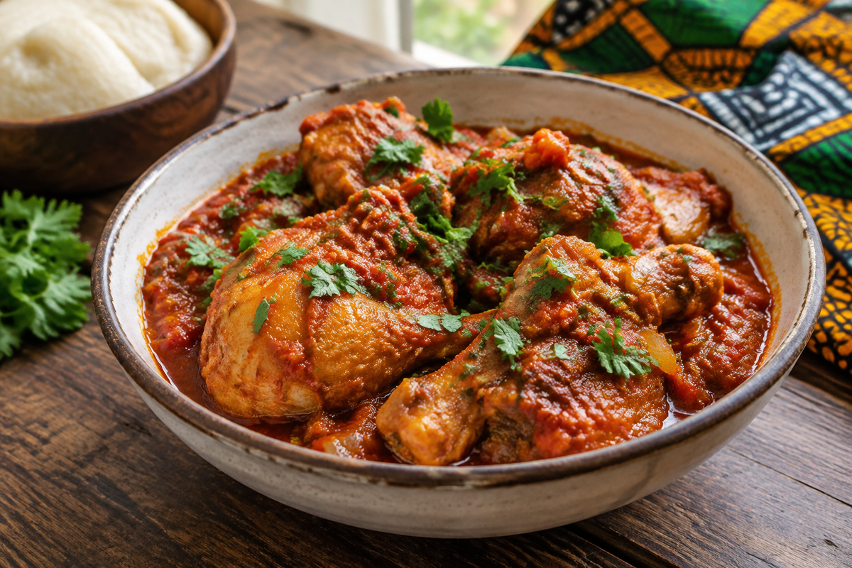 Nigerian chicken stew in a bowl with rich tomato sauce and fresh herb garnish
