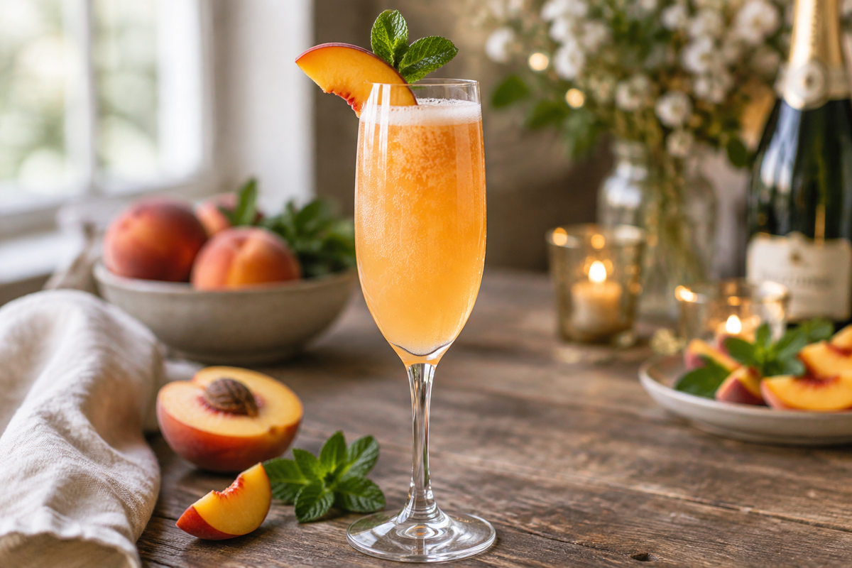 Baby bellini mocktail in a glass garnished with peach slice and mint, perfect non-alcoholic Christmas drink