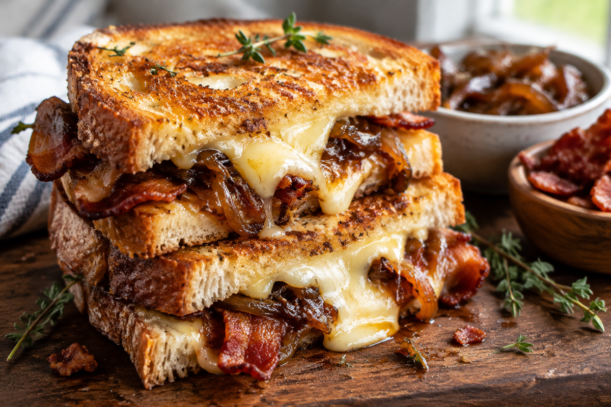 Bacon grilled cheese sandwich with caramelized onions and melted cheese on toasted bread