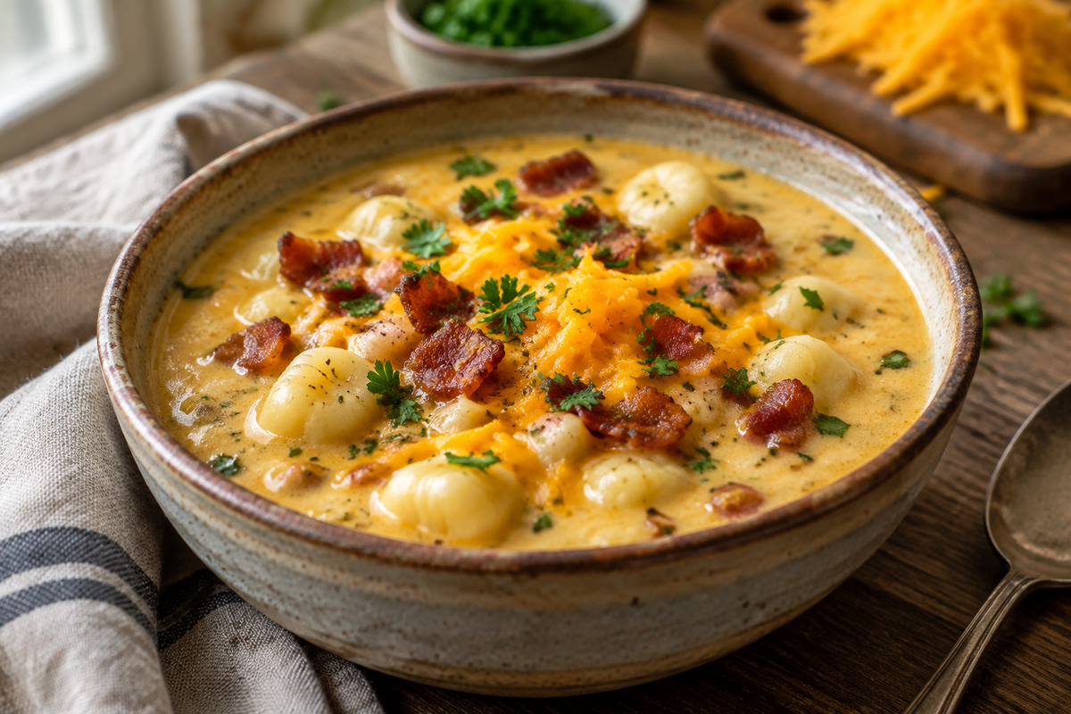 Bowl of bacon cheddar gnocchi soup topped with crispy bacon and cheddar cheese, showing rich creamy texture