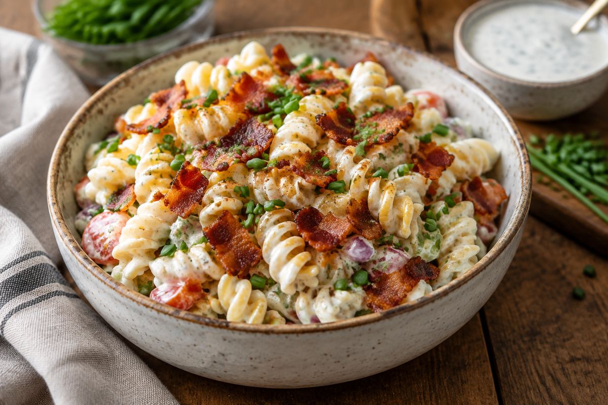 Bacon ranch pasta salad in rustic bowl with crispy bacon and creamy ranch dressing