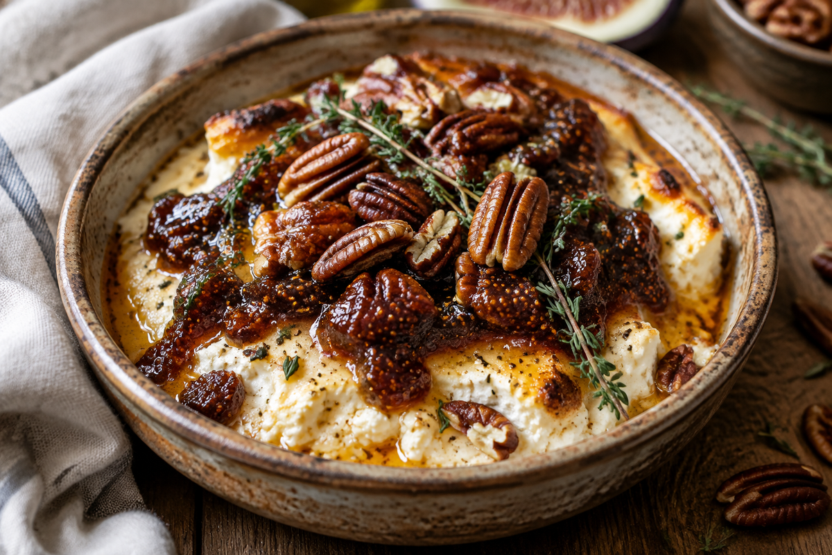 Baked feta dip topped with fig jam and pecans in a rustic bowl, showcasing creamy texture and garnish