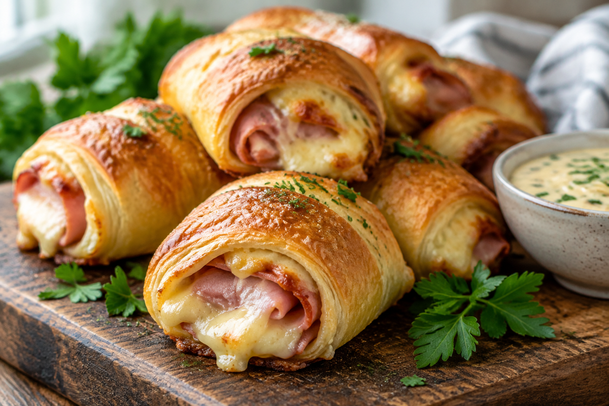 Golden baked ham and cheese rolls with melted cheese and parsley garnish on wooden board