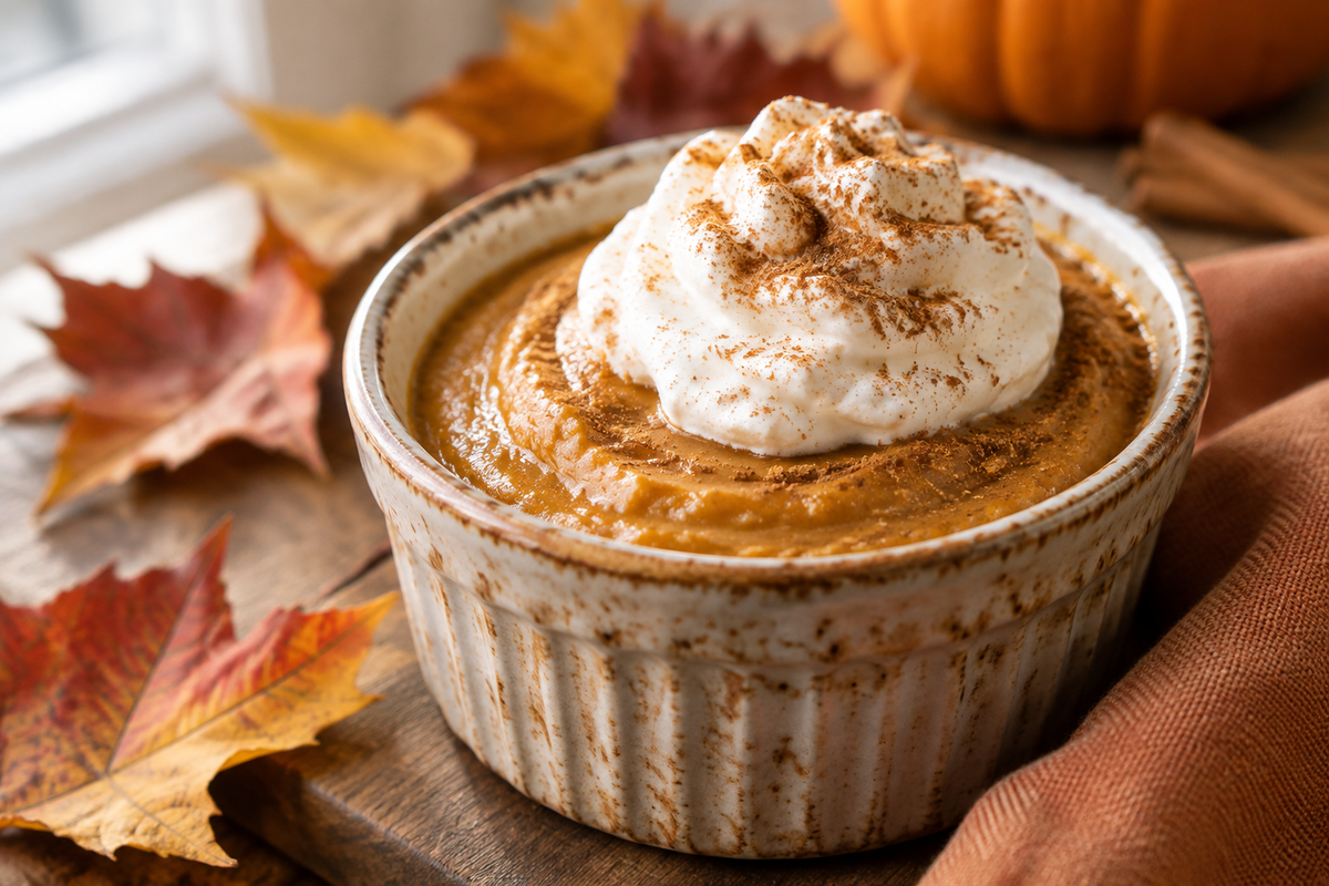 Baked pumpkin spice pudding topped with whipped cream and cinnamon in a ceramic ramekin