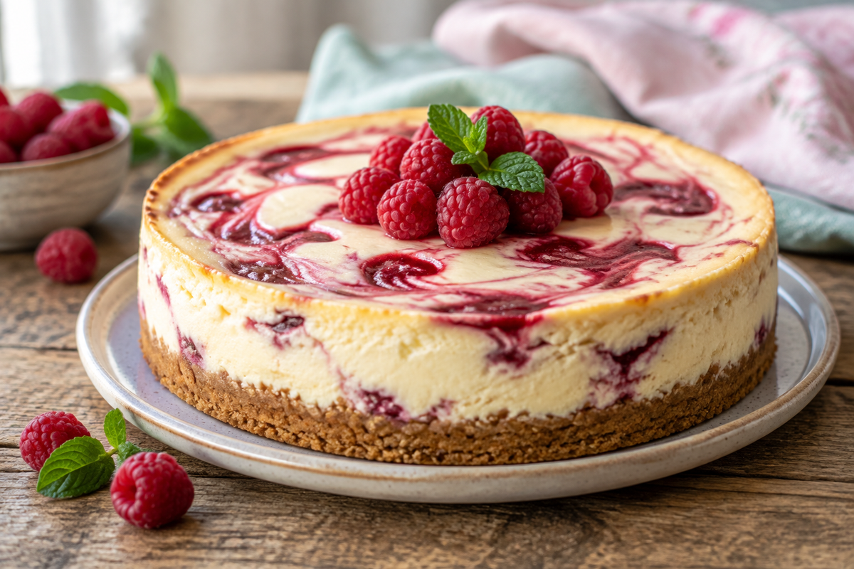 Baked raspberry cheesecake with fresh raspberries and mint garnish on a rustic table