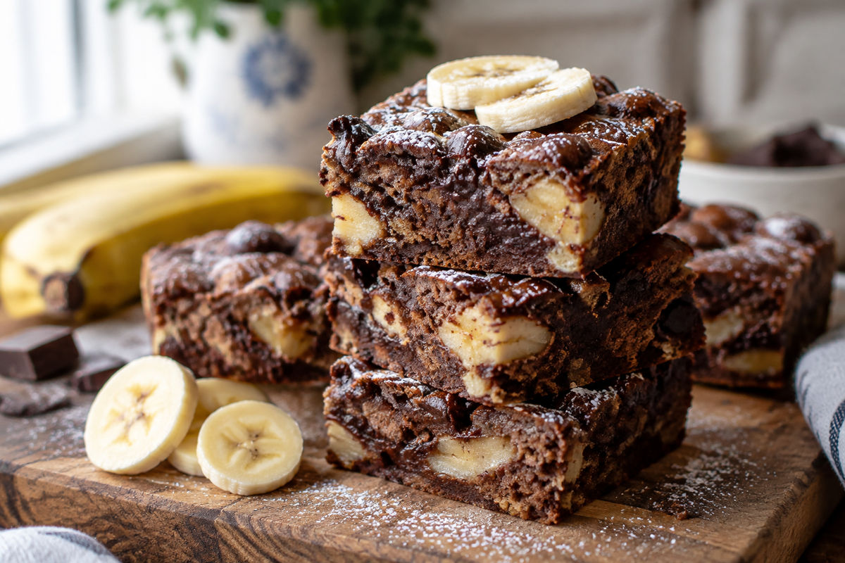 Moist banana bread brownies with chocolate swirls and banana slices, showcasing banana bread brownies