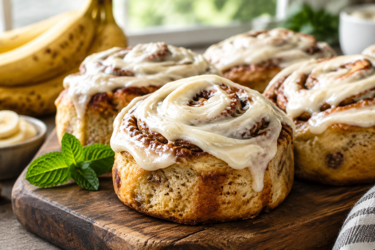 Banana bread cinnamon rolls topped with cream cheese frosting on a wooden board, showcasing the banana bread cinnamon rolls