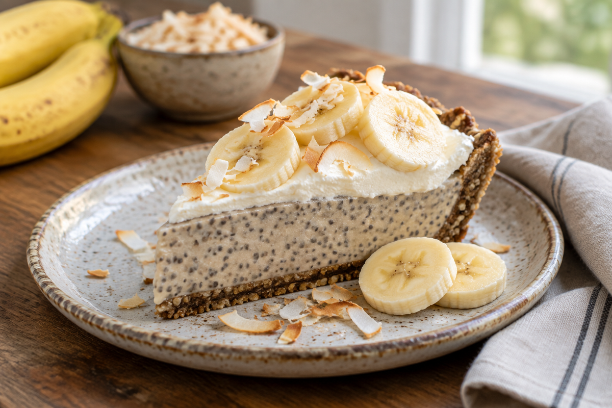 Slice of banana cream pie with blended chia pudding topped with banana slices and toasted coconut