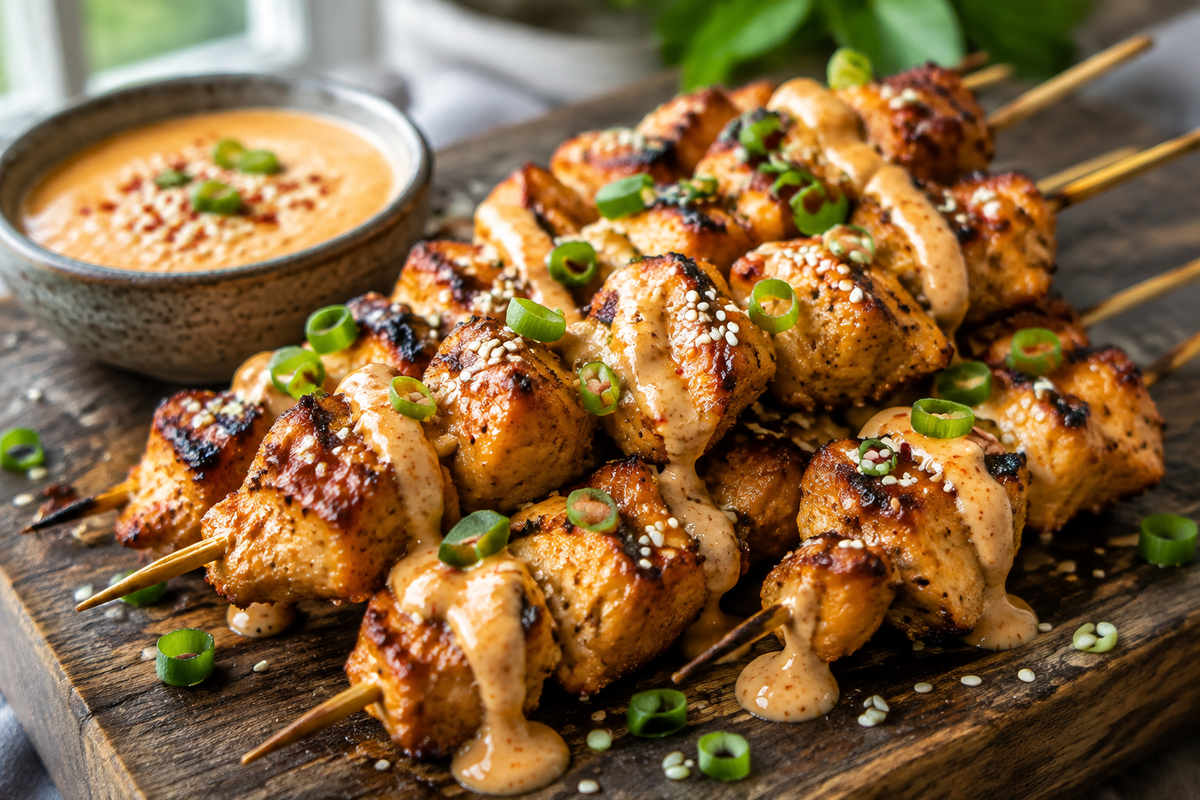 Grilled bang bang chicken skewers with creamy spicy sauce and green onion garnish