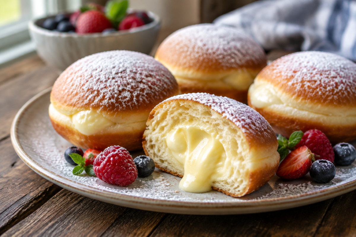 Freshly made Bavarian cream donuts with powdered sugar and creamy filling on rustic wooden table