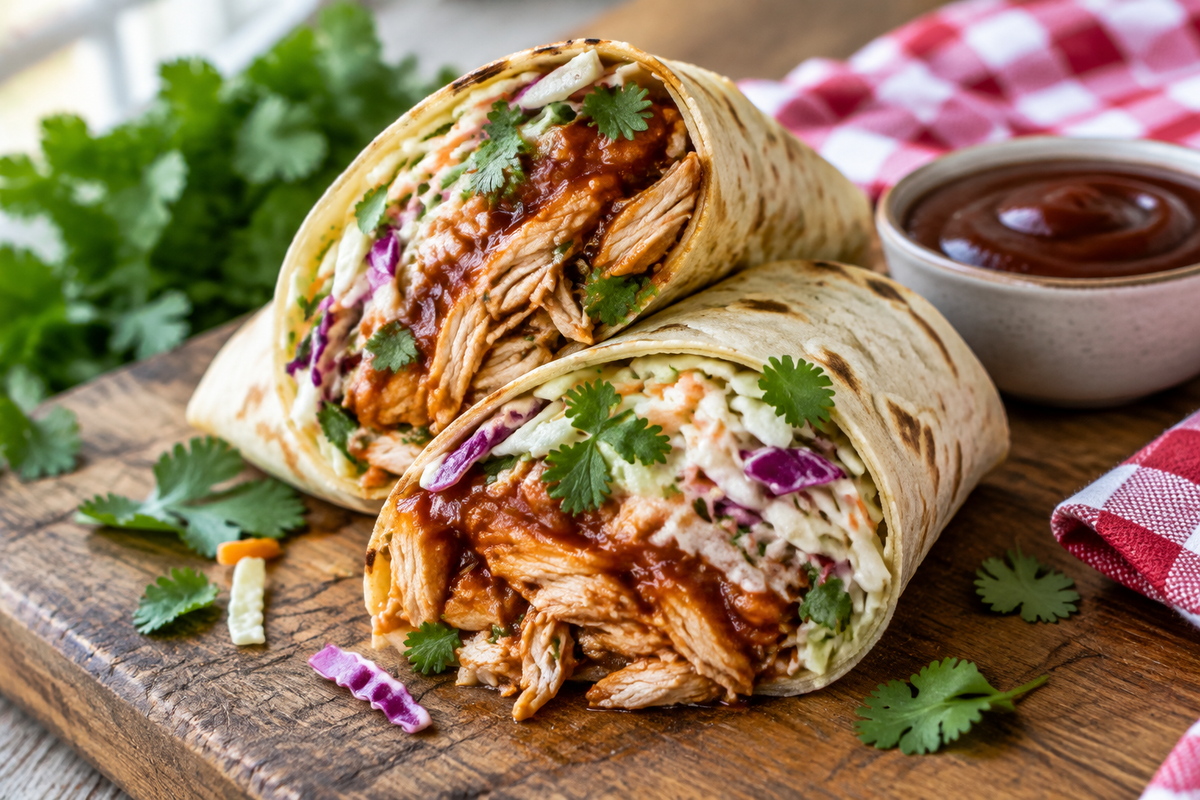 BBQ chicken coleslaw wraps served on a wooden board with fresh garnish, showcasing the bbq chicken coleslaw filling
