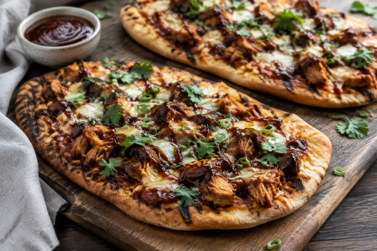 BBQ chicken flatbread pizzas with melted cheese and fresh cilantro, showcasing bbq chicken flatbread