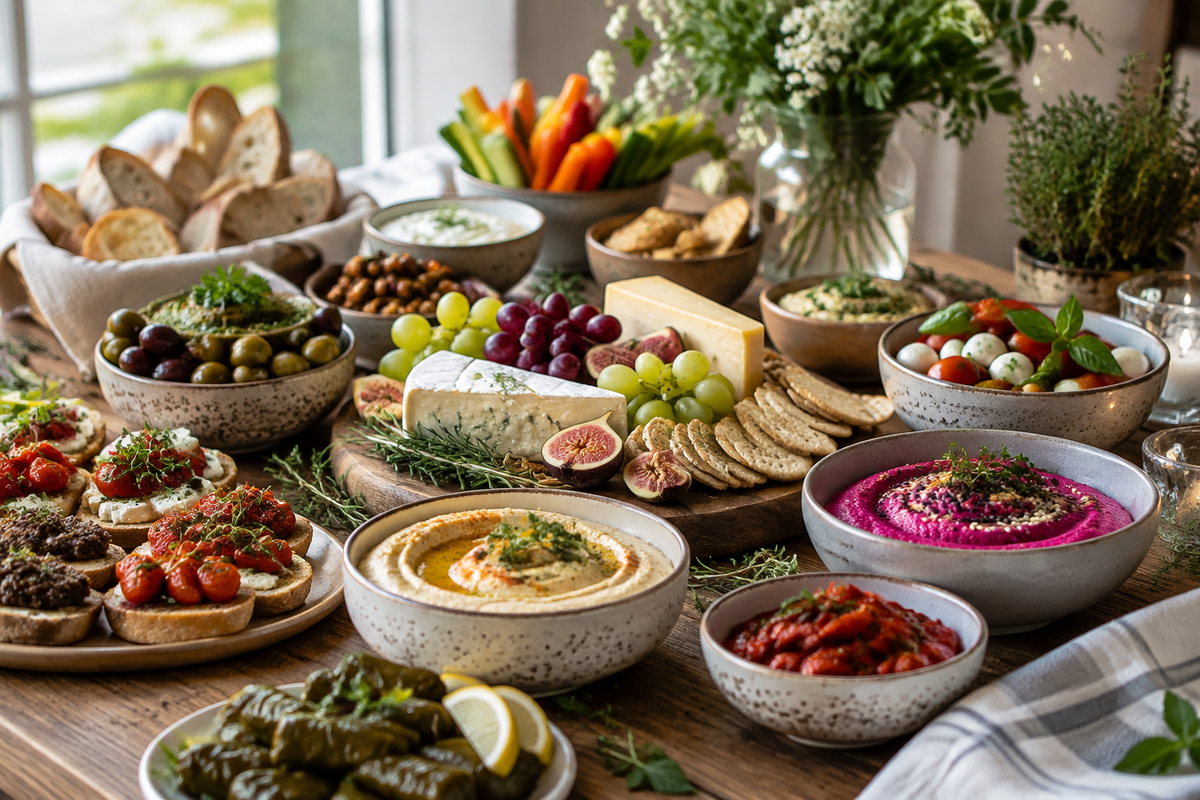 Elegant party food table ideas with assorted appetizers and fresh garnishes