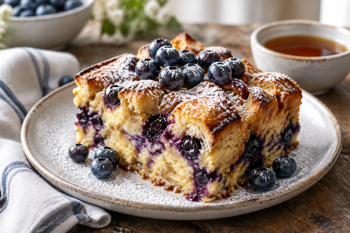 Blueberry french toast casserole slice with fresh blueberries and powdered sugar on rustic table