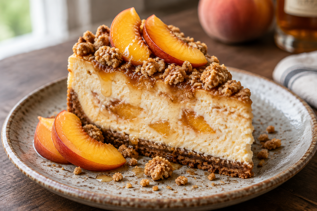 A slice of bourbon peach cheesecake with streusel topping on a plate, garnished with fresh peaches
