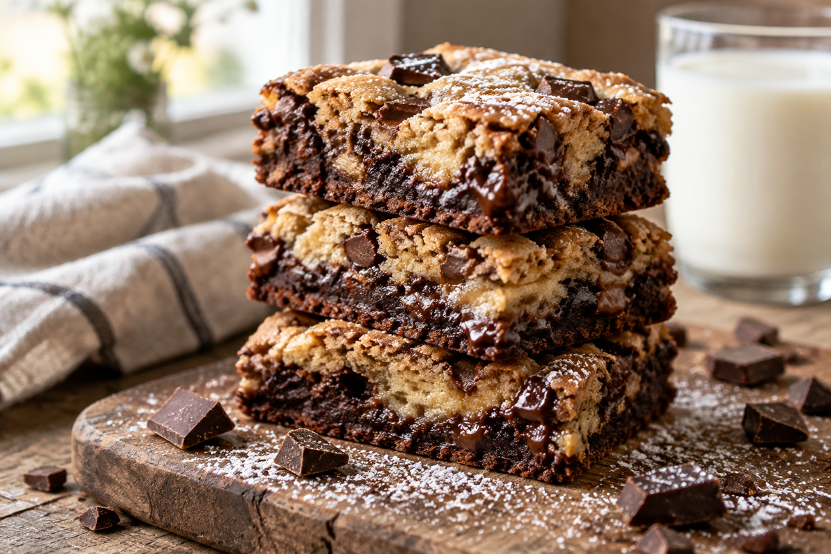 Stack of freshly baked brown butter brookies with gooey edges showcasing brown butter brookies
