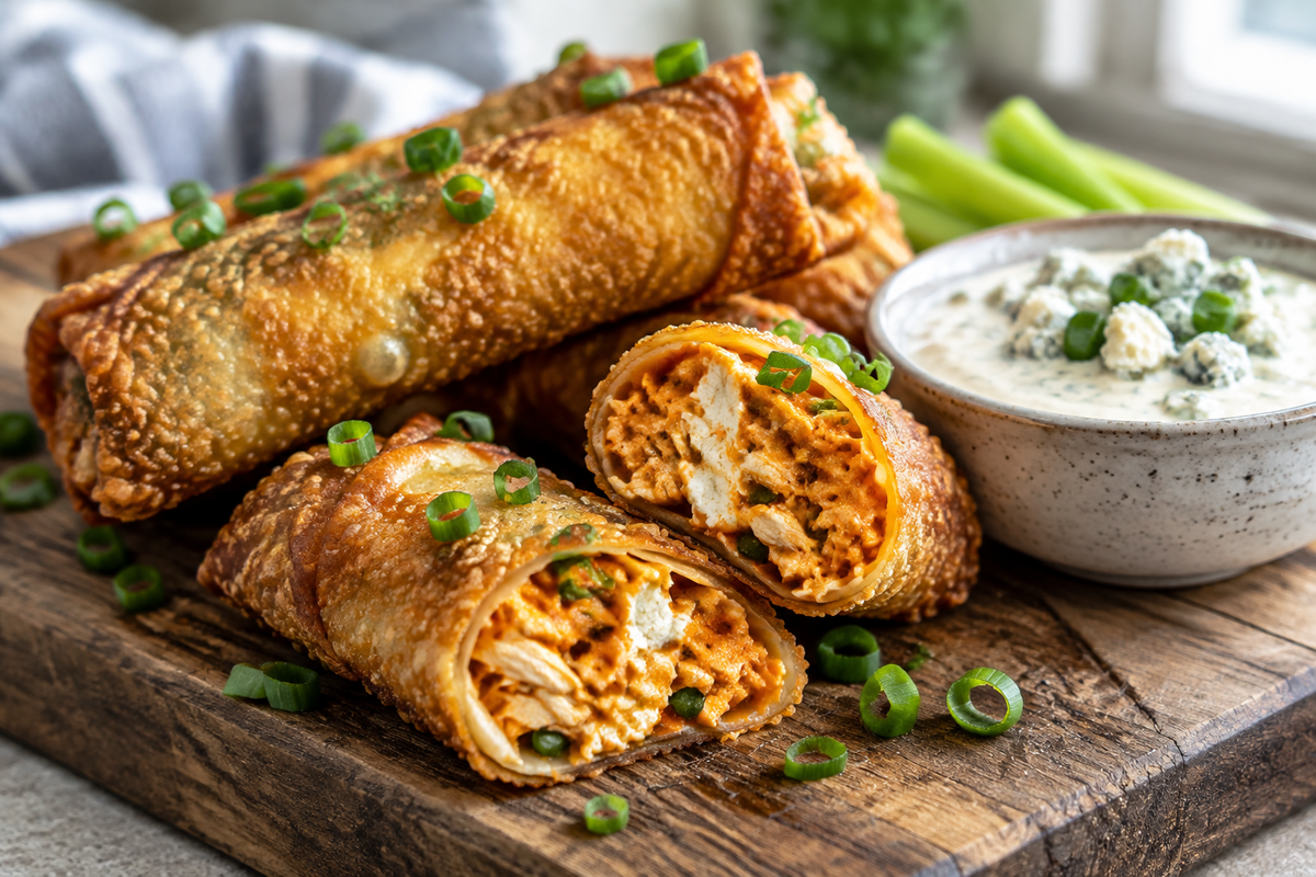 Golden crispy buffalo chicken egg rolls with blue cheese dip and green onion garnish