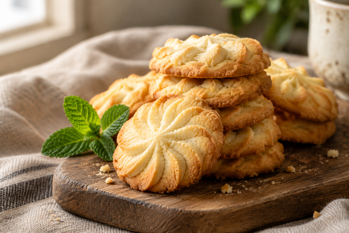 stack of golden butter cookies with crisp edges and tender centers on rustic wooden board