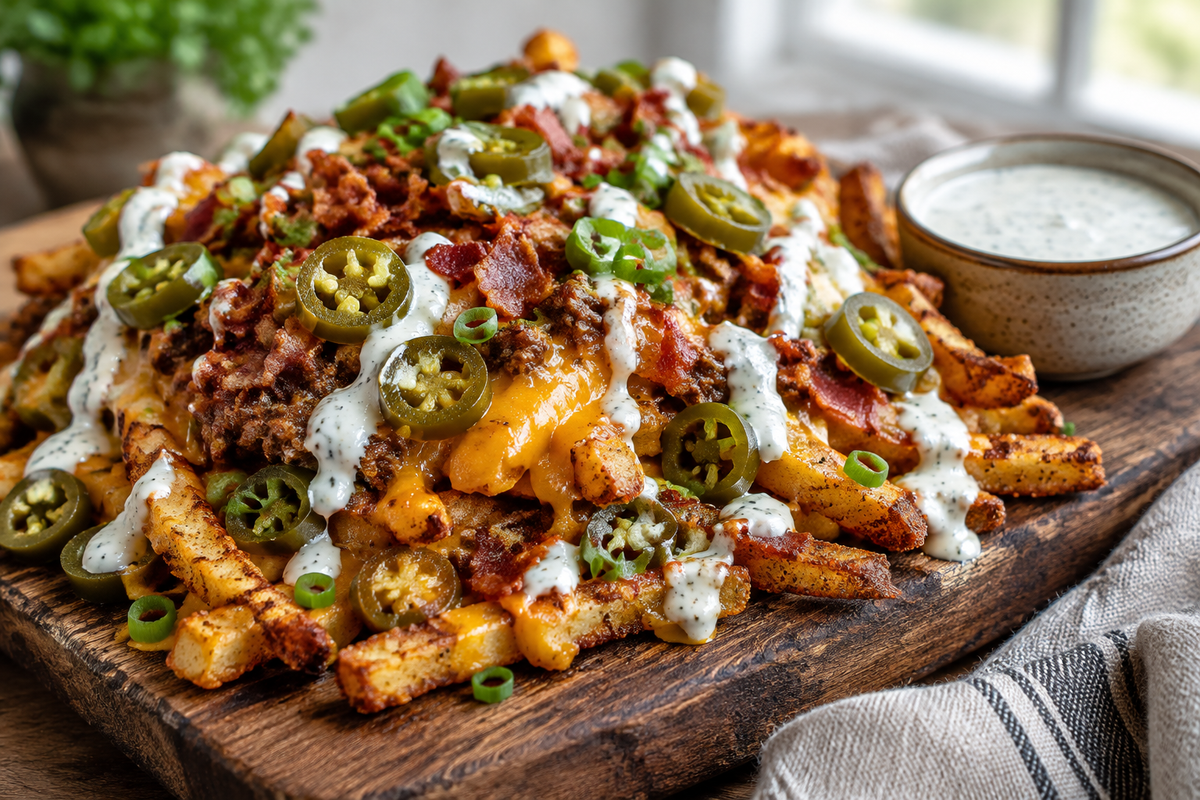 Crispy cajun dirty loaded fries topped with cheese, bacon, jalapeños, and green onions