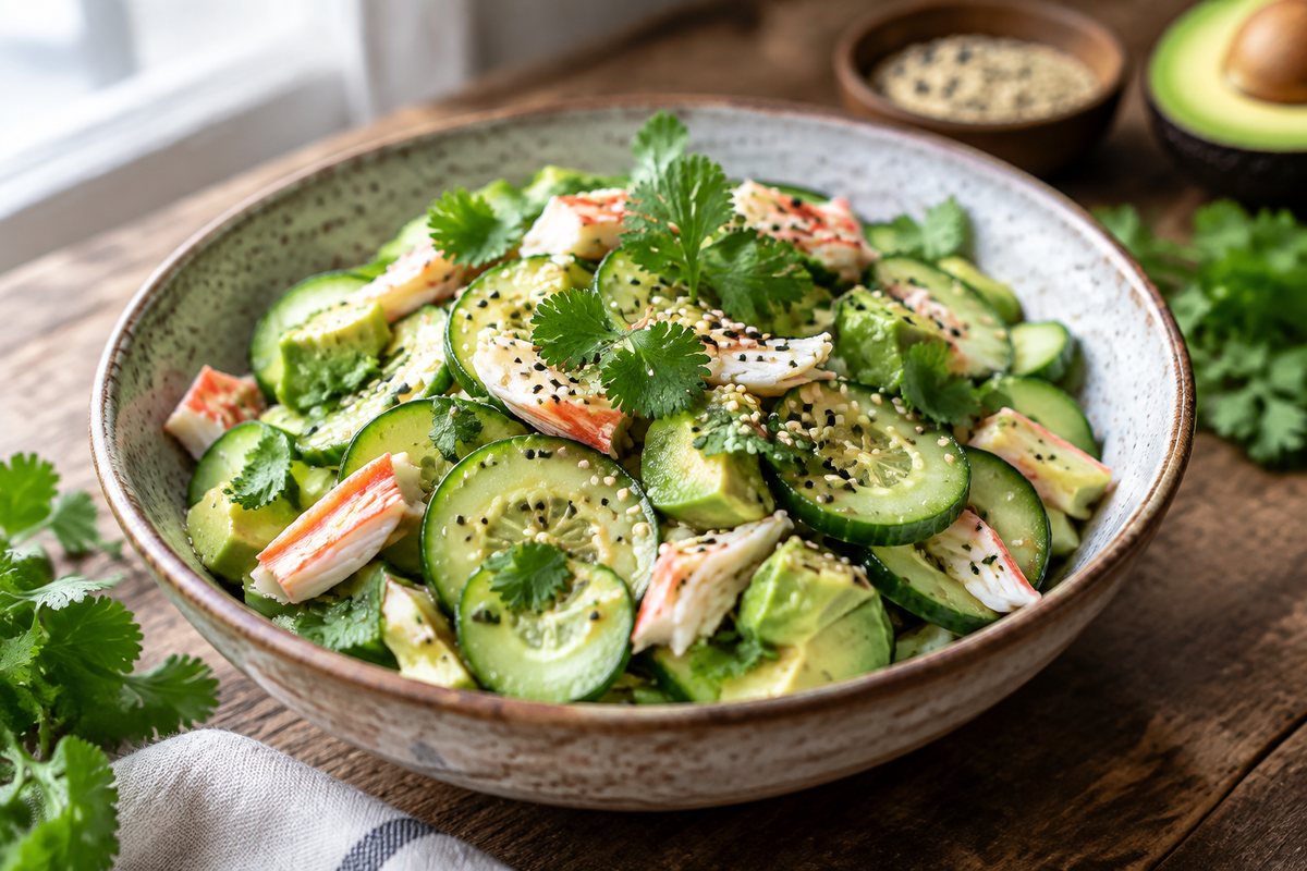 Fresh California roll cucumber salad with avocado, crab, and sesame seeds
