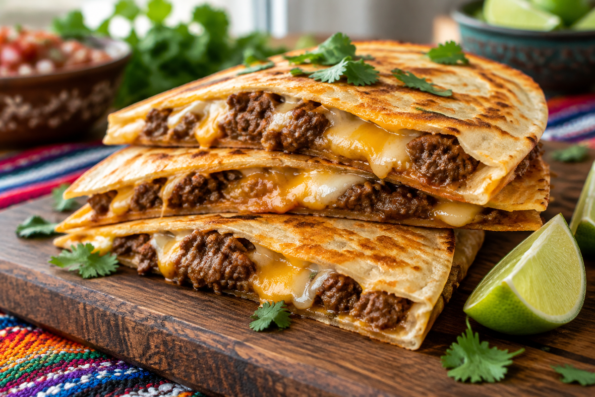 Golden crispy cheesy ground beef quesadillas stacked with melted cheese and fresh cilantro garnish