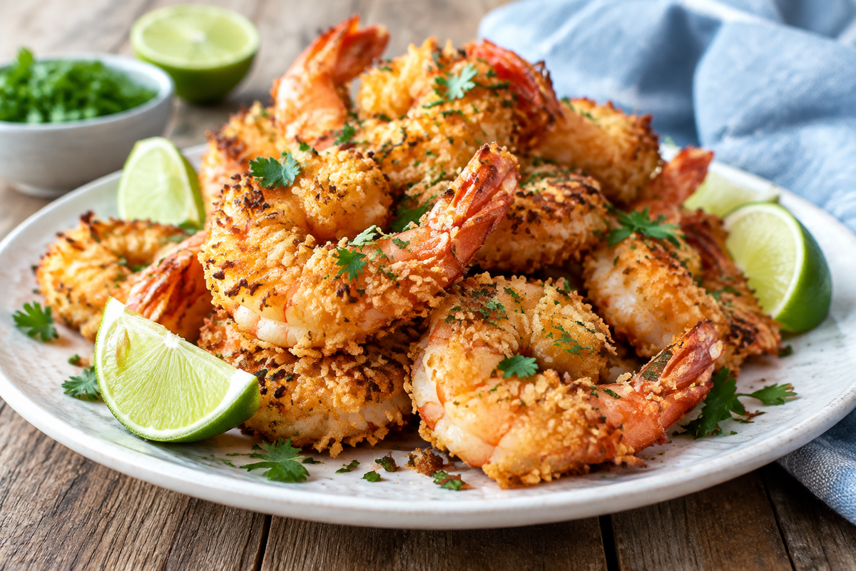 Crispy golden coconut shrimp on white plate garnished with lime wedges and parsley, coconut shrimp recipe