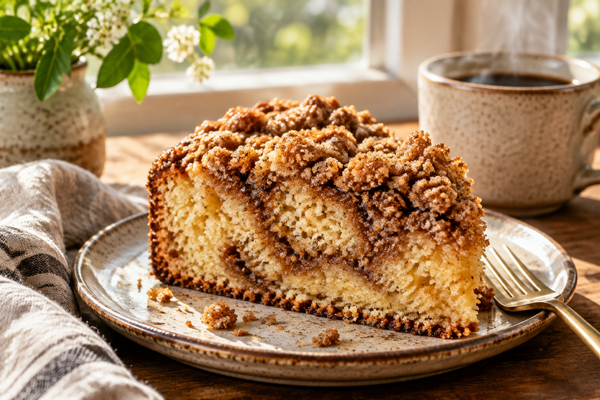 Moist slice of coffee cake with cinnamon streusel topping, fresh and inviting coffee cake