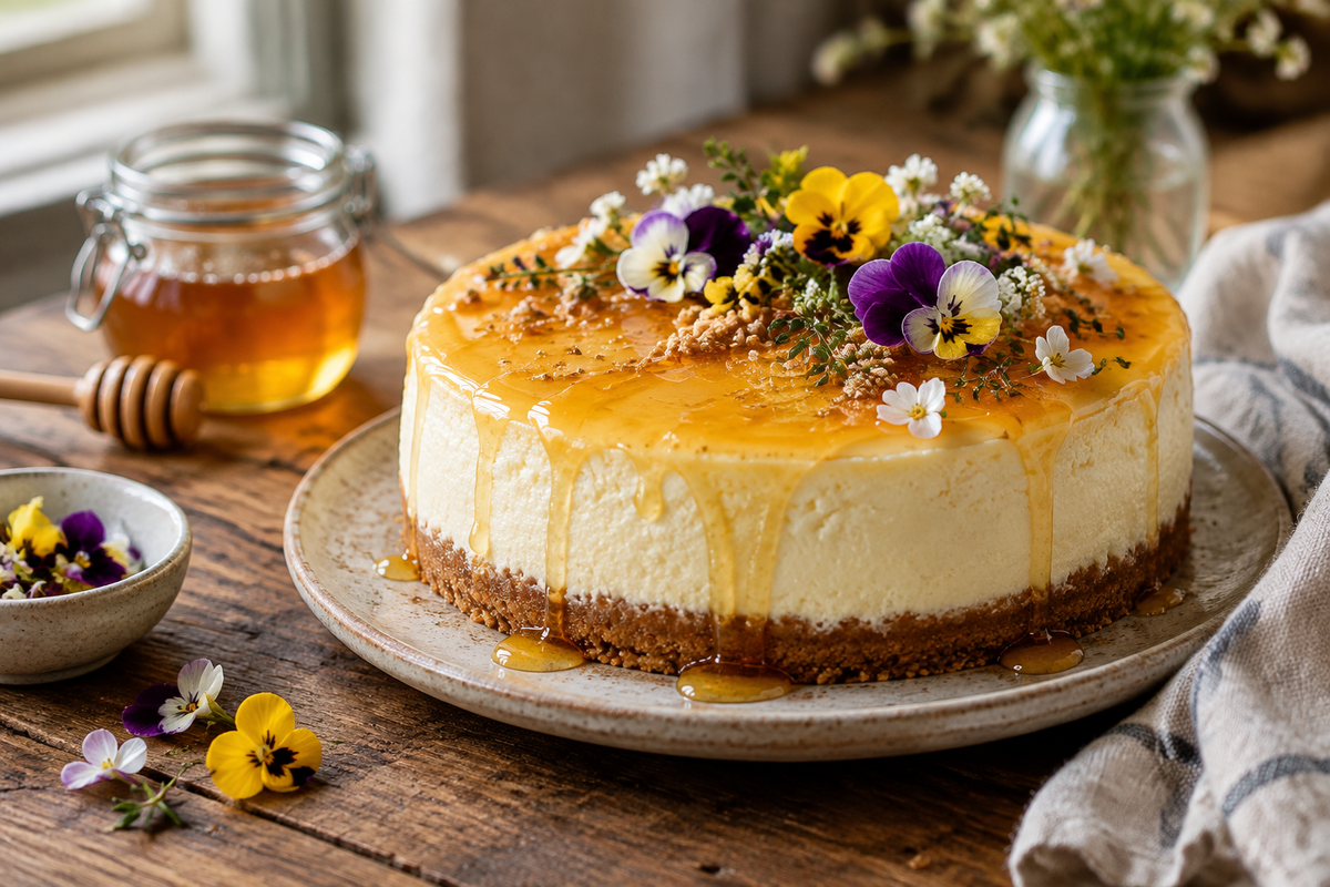 A creamy honey cheesecake with golden honey glaze and fresh edible flower garnish on rustic table, creamy honey cheesecake